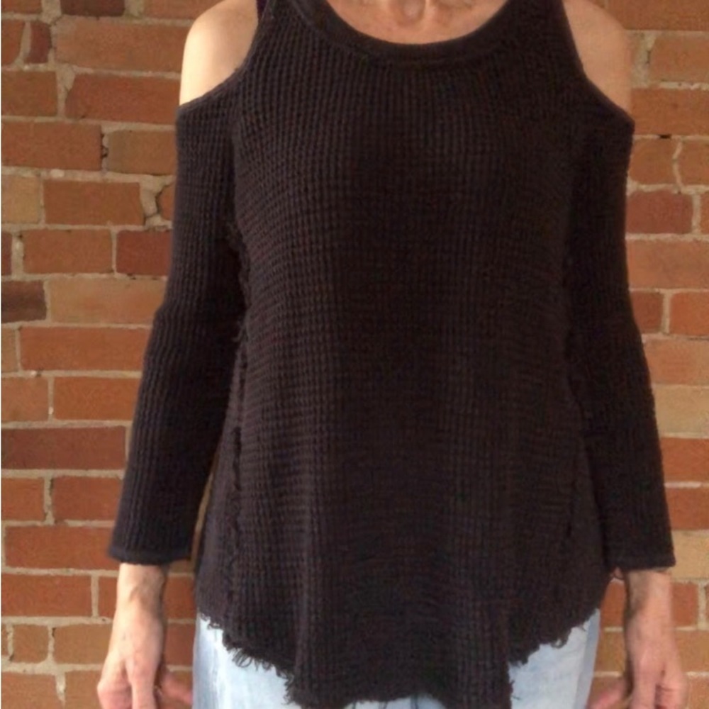 Free People Black Cold-Shoulder Waffle Knit Sweater